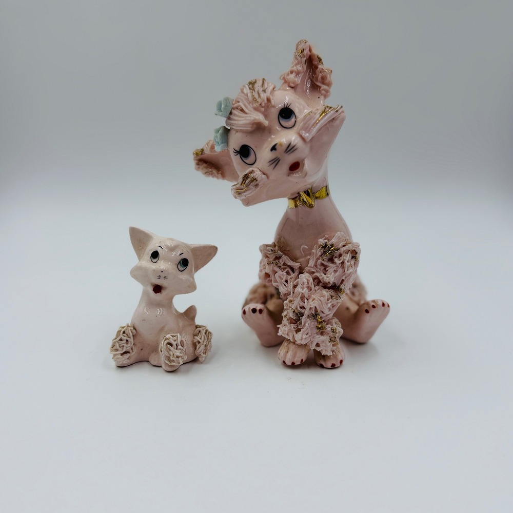 Vintage Pink Spaghetti Cat Figurine Set Mother and Kitten Mid-Century Ceramic